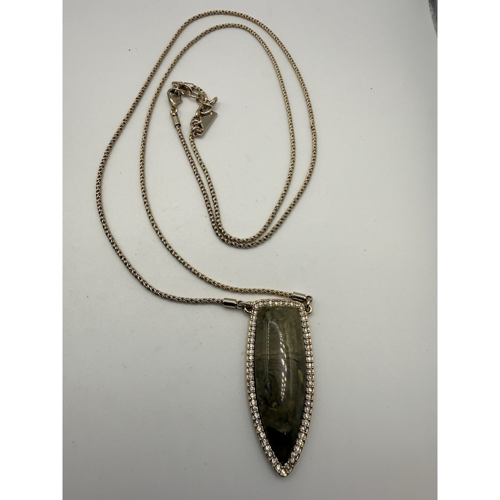 White House Black Market Stone Pendant Necklace Gold Tone Rhinestone Trim 34-36"